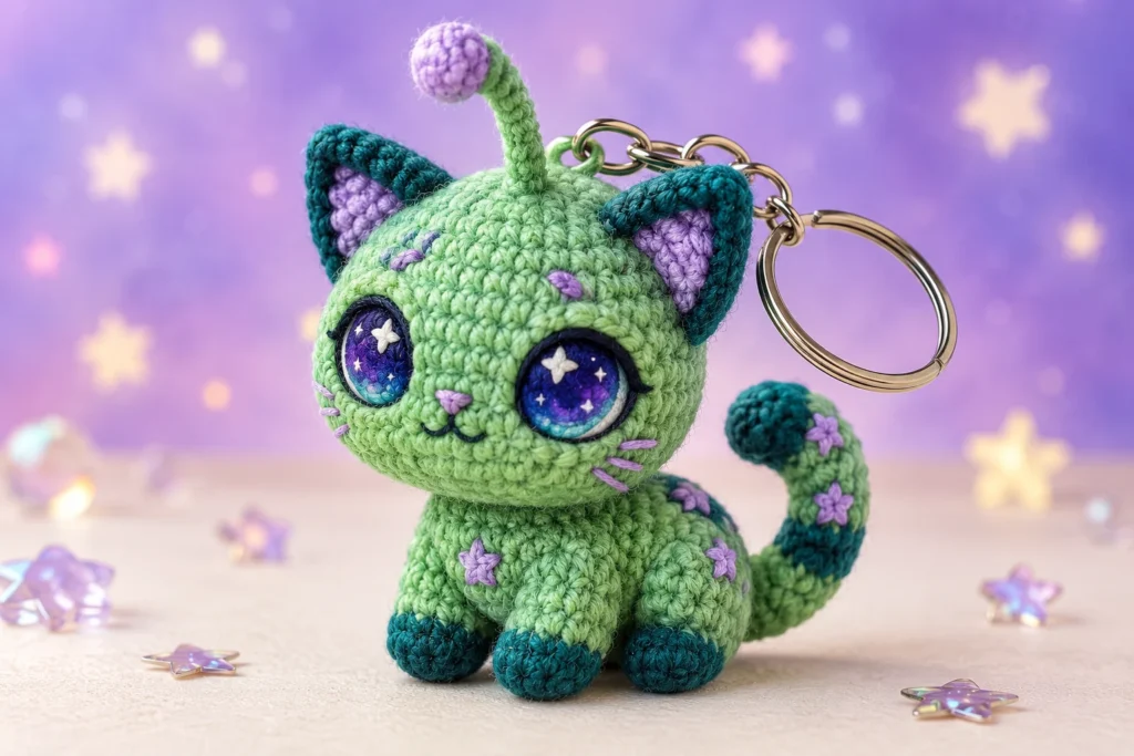 Green alien cat amigurumi keychain concept with galaxy eyes and a yarn antenna