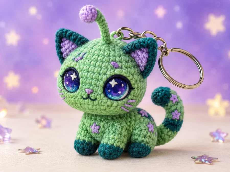 Green alien cat amigurumi keychain concept with galaxy eyes and a yarn antenna