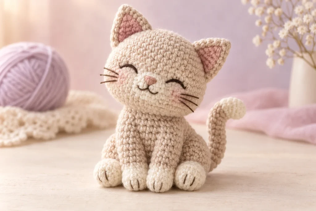 Cute sitting cat amigurumi concept in oatmeal and cream yarn
