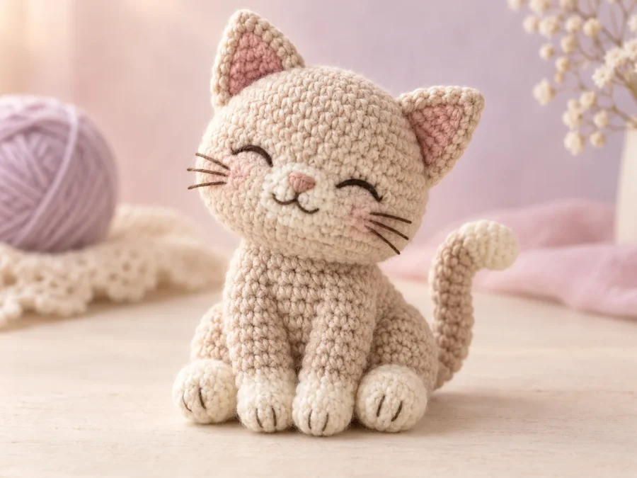 Cute sitting cat amigurumi concept in oatmeal and cream yarn