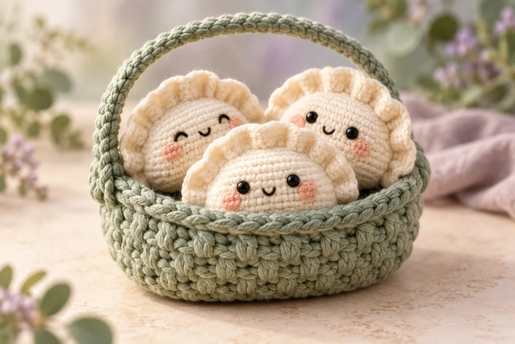 Three crochet dumpling characters in a sage yarn carry basket