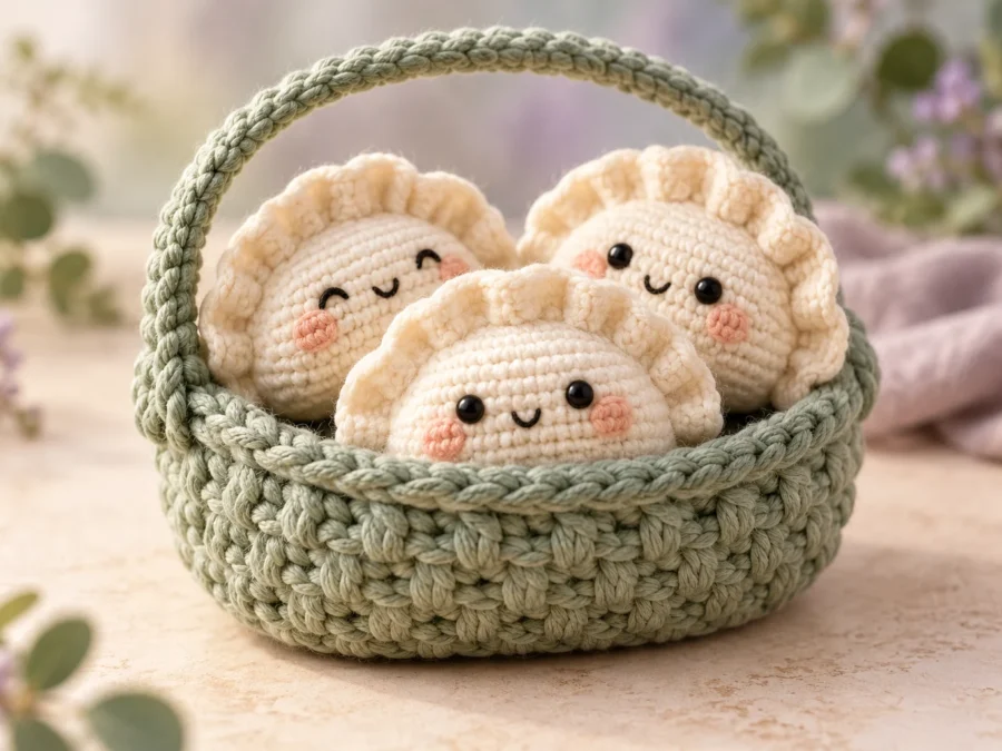 Three crochet dumpling characters in a sage yarn carry basket