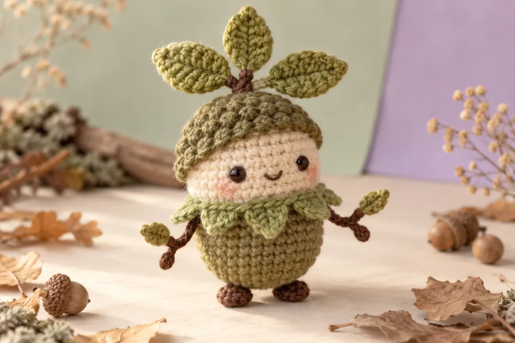 Original two-color forest spirit amigurumi concept with leaf crown and moss collar