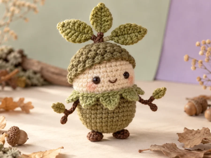 Original two-color forest spirit amigurumi concept with leaf crown and moss collar