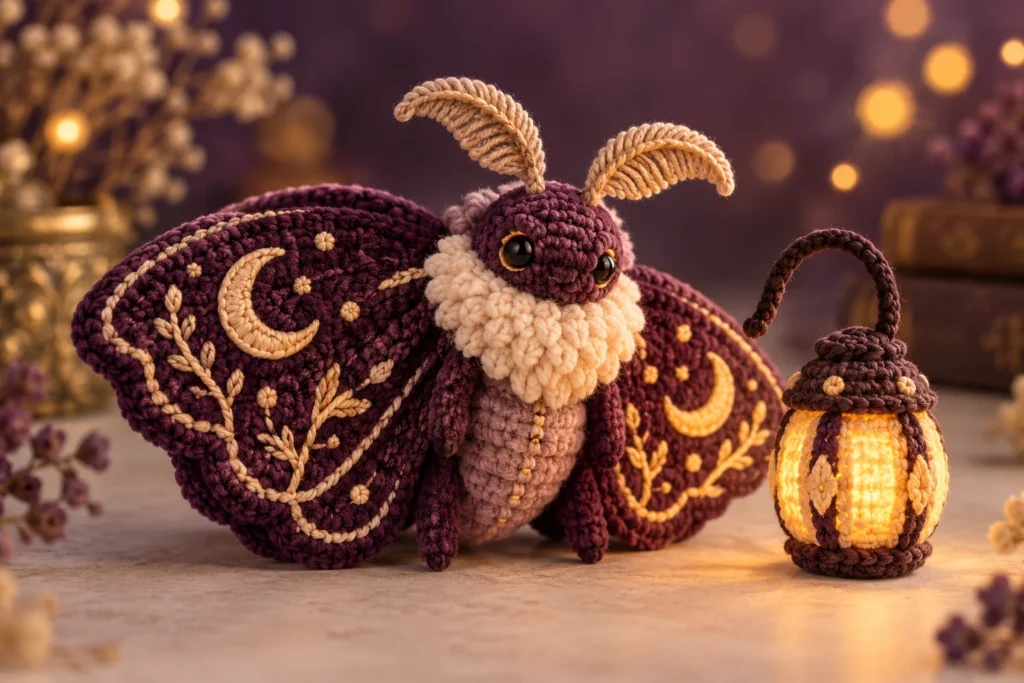 Lantern moth amigurumi concept with plum wings and a soft golden crochet lantern