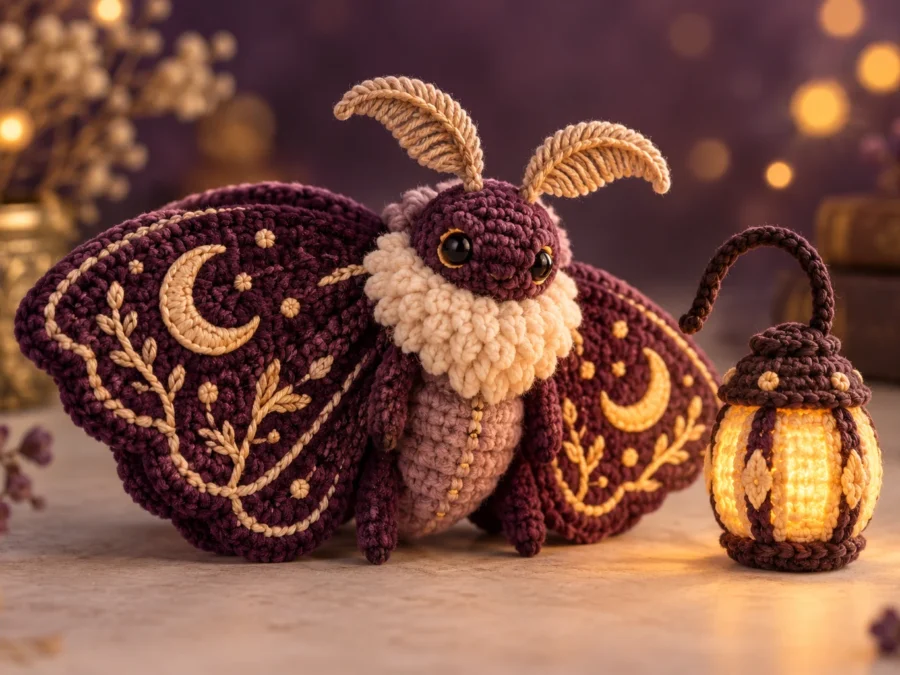 Lantern moth amigurumi concept with plum wings and a soft golden crochet lantern