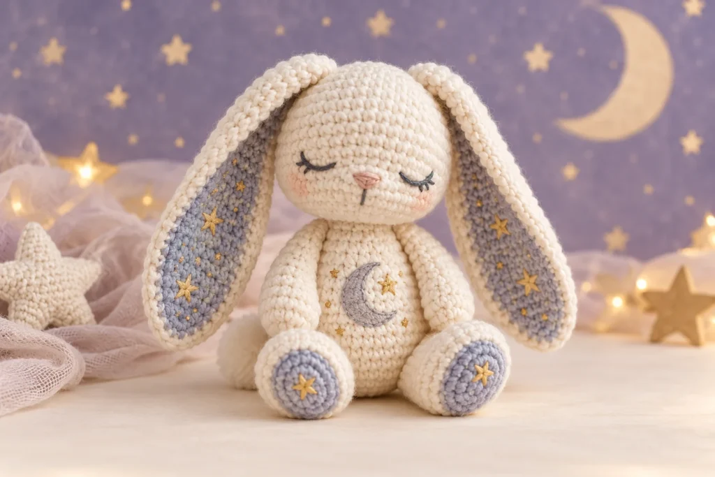 Moonbeam bunny amigurumi concept with long ears and an embroidered crescent moon