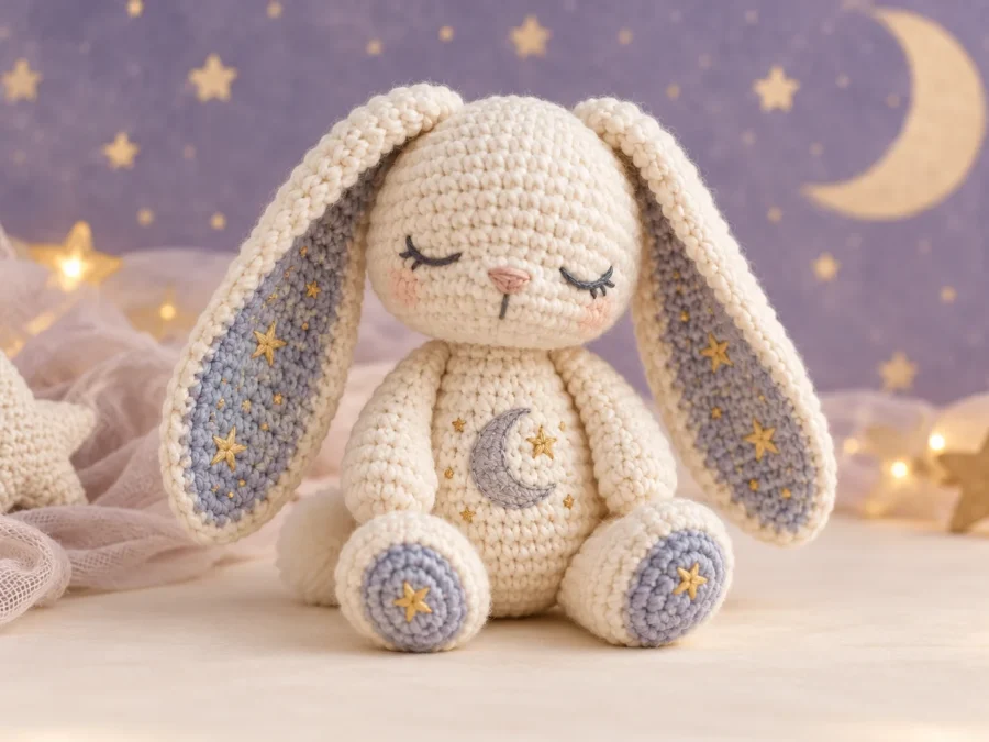 Moonbeam bunny amigurumi concept with long ears and an embroidered crescent moon