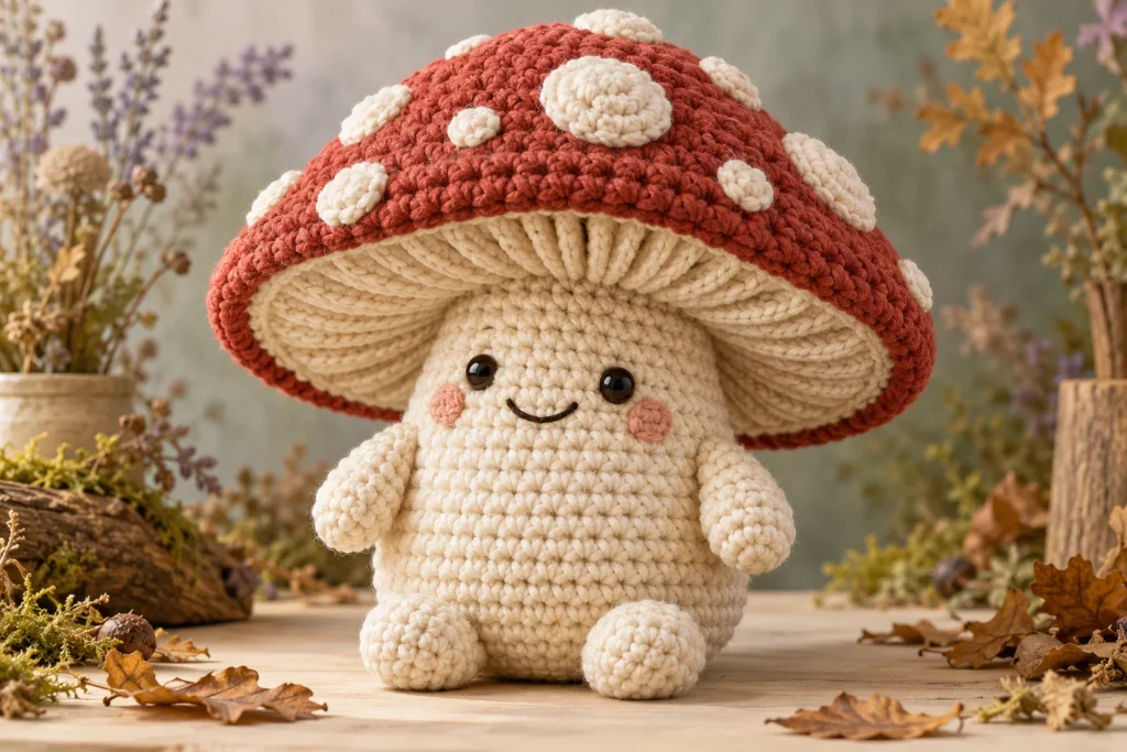 Big mushroom friend amigurumi concept with a red spotted cap and cream stalk body