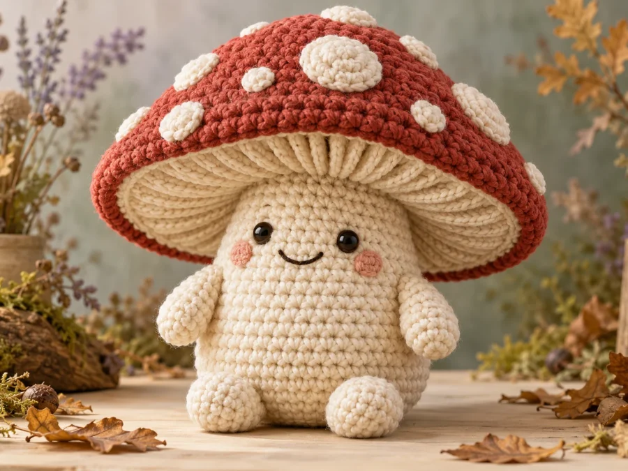 Big mushroom friend amigurumi concept with a red spotted cap and cream stalk body