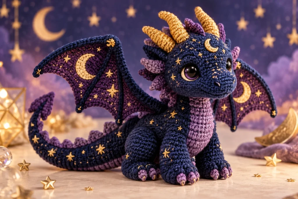Night-sky dragon amigurumi concept in navy and plum yarn with golden moon details