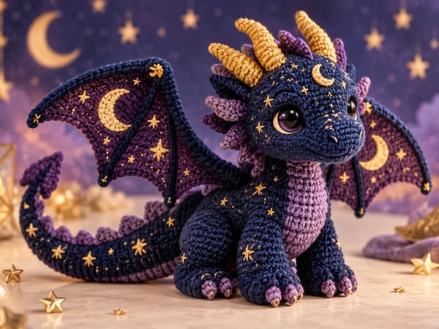 Night-sky dragon amigurumi concept in navy and plum yarn with golden moon details