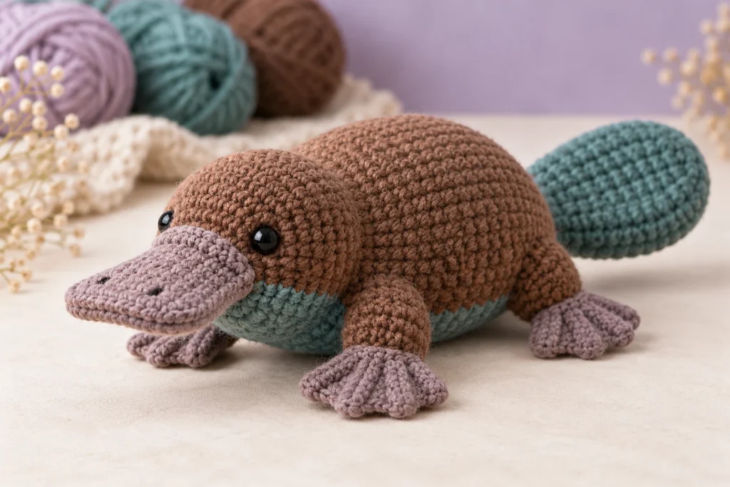 Easy handmade crochet platypus amigurumi concept in cocoa, teal, and dusty mauve yarn