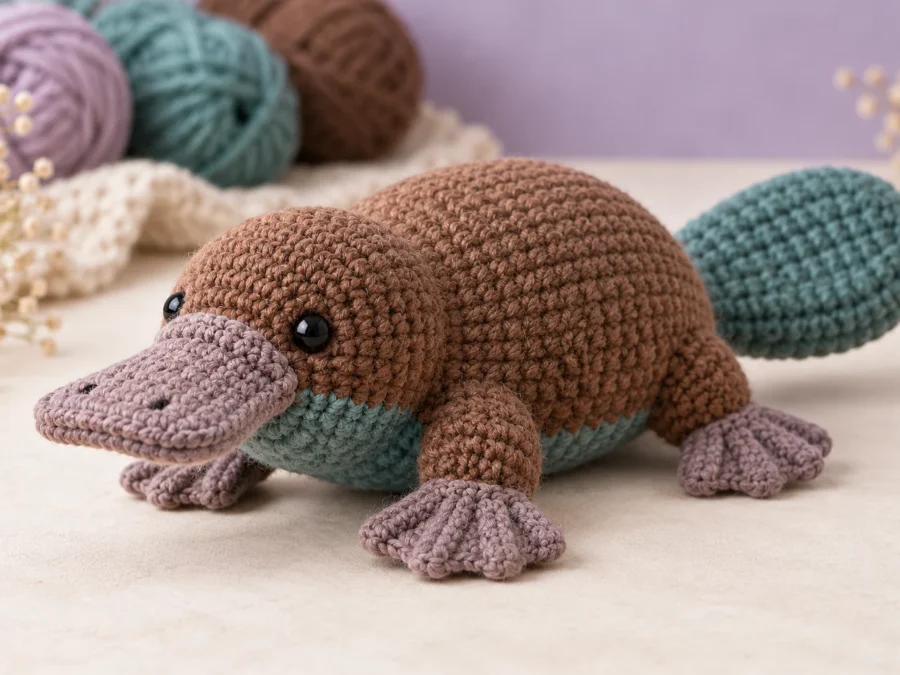 Easy handmade crochet platypus amigurumi concept in cocoa, teal, and dusty mauve yarn
