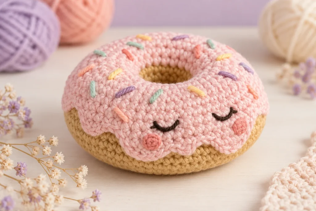 Shy donut amigurumi concept with pink frosting and embroidered sprinkles