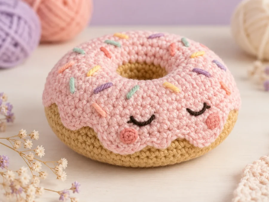 Shy donut amigurumi concept with pink frosting and embroidered sprinkles