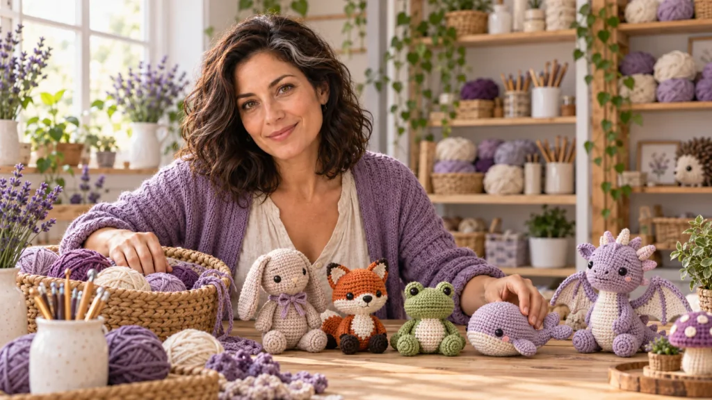 Fictional Nina Lojank arranging handmade crochet animals in an ivory and lavender studio