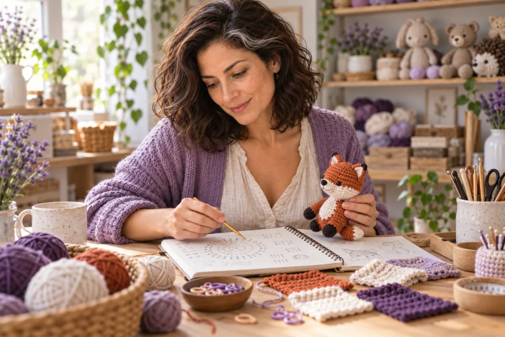 Fictional Nina Lojank reviewing a crochet fox, stitch diagram, yarn swatches, and stitch markers
