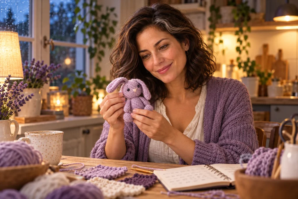 Fictional Nina Lojank smiling at a small lavender crochet rabbit at her kitchen table