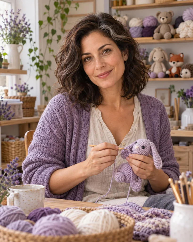 Portrait of fictional pen-name persona Nina Lojank crocheting a lavender rabbit in an ivory craft studio